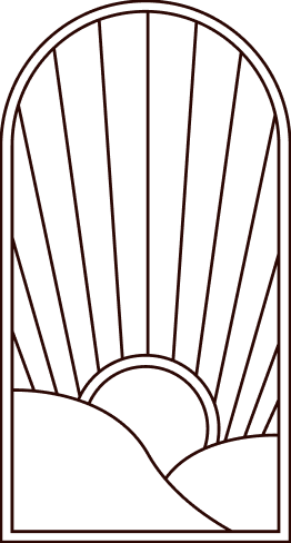 Silhouette of a sunset or sunrise behind a mountain and a large tree with lines representing sunlight.