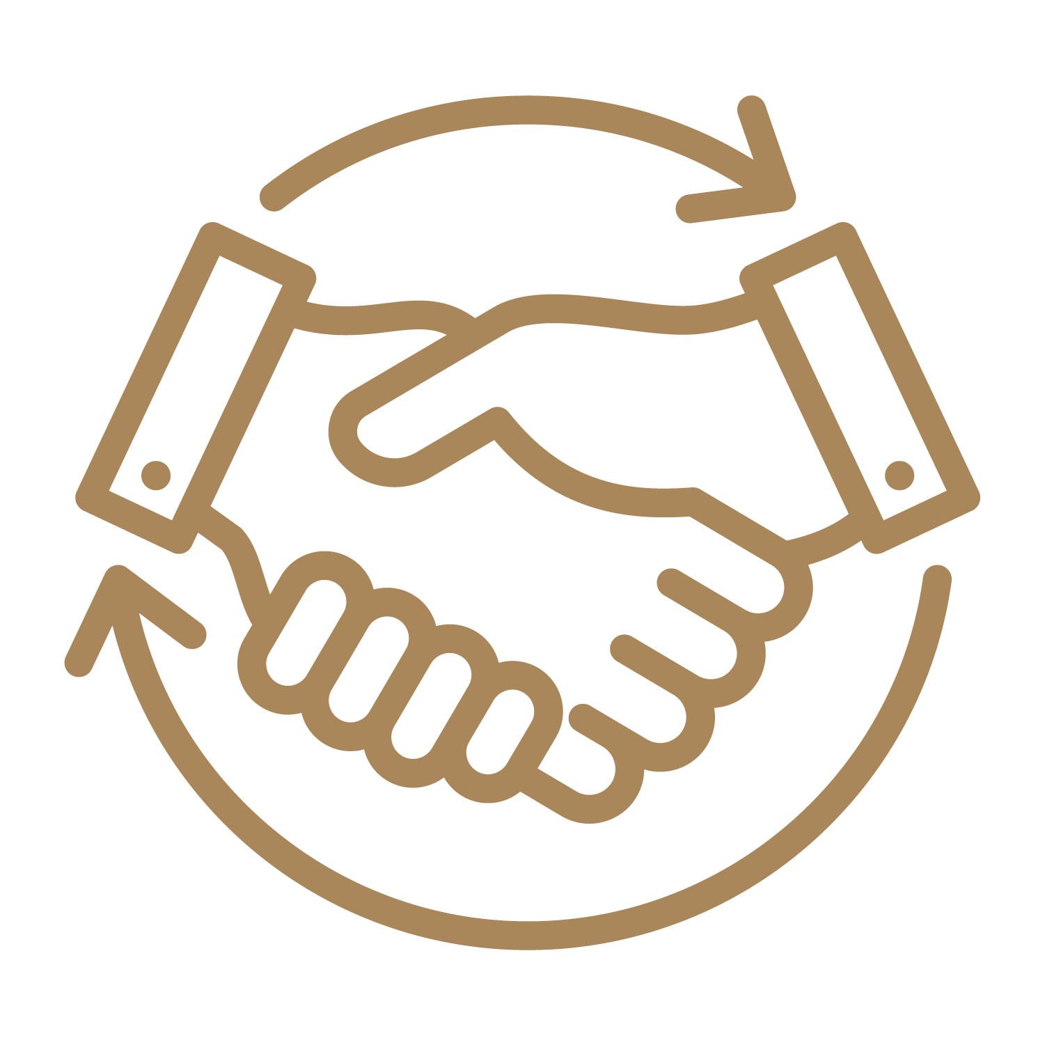 Line drawing of two hands shaking, surrounded by a circular arrow, indicating handshake or cooperation, in a simple, minimalistic style.