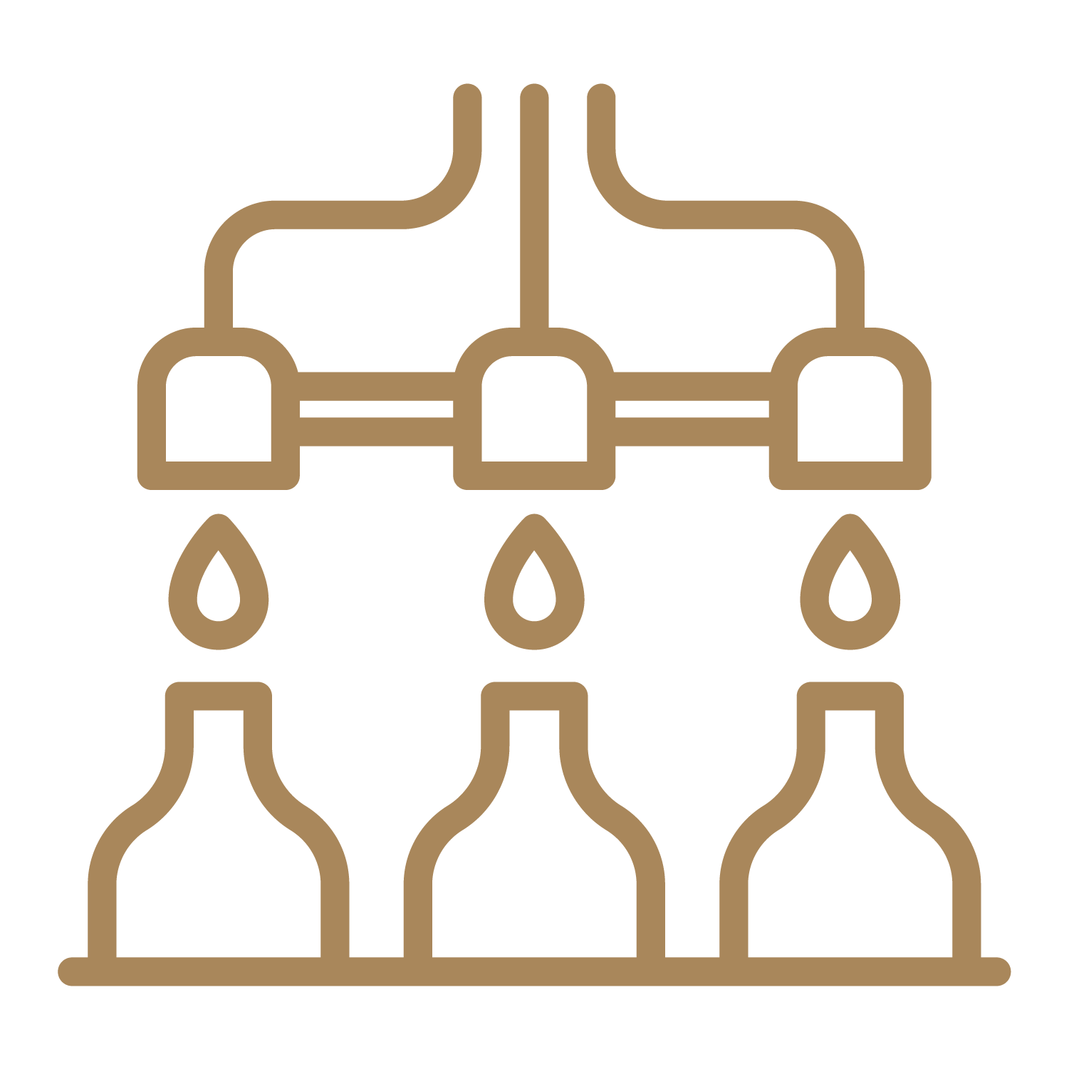 Line art illustration of a water faucet with three drops of water falling into bottles below, symbolizing water conservation.