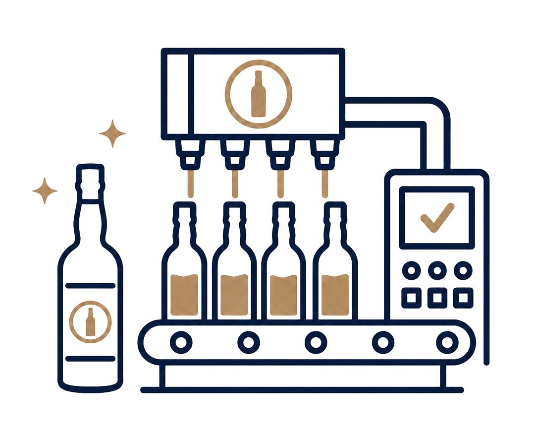 Scotch whisky being bottled at Auld Bond bottling facility.