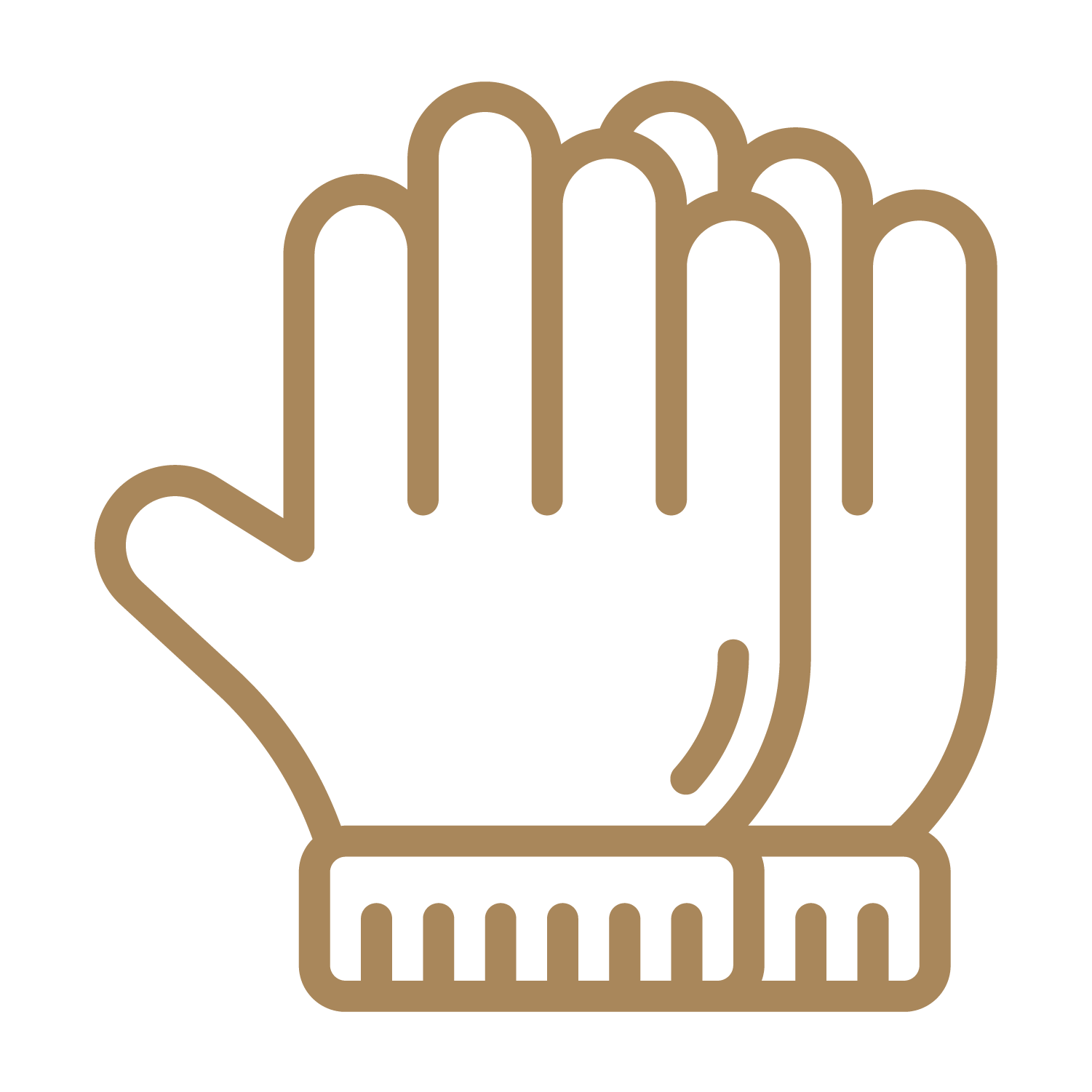 Outline drawing of a hand with two fingers up, standing on a platform with bars, representing a high-five gesture.