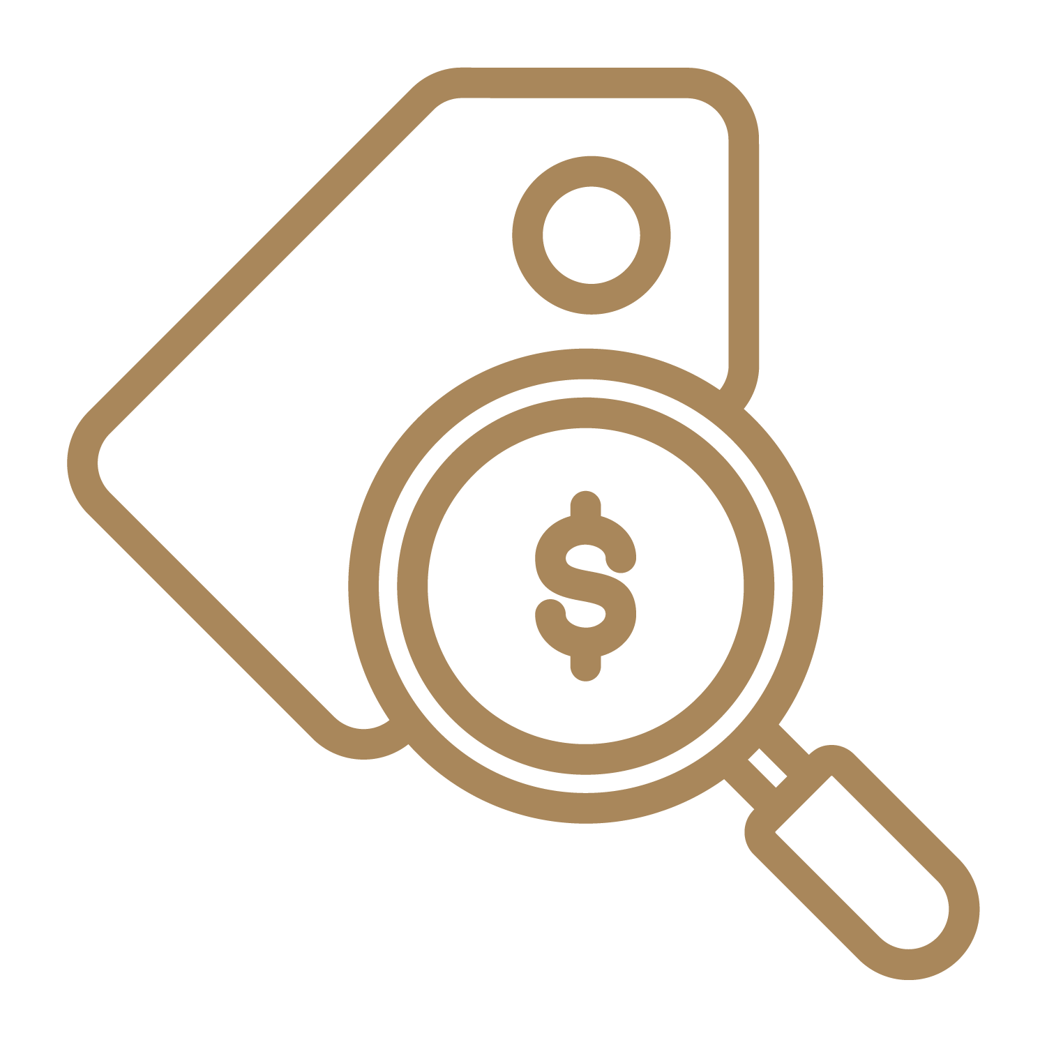 Icon of a magnifying glass with a dollar sign inside, overlapping a price tag, representing financial search or analysis.
