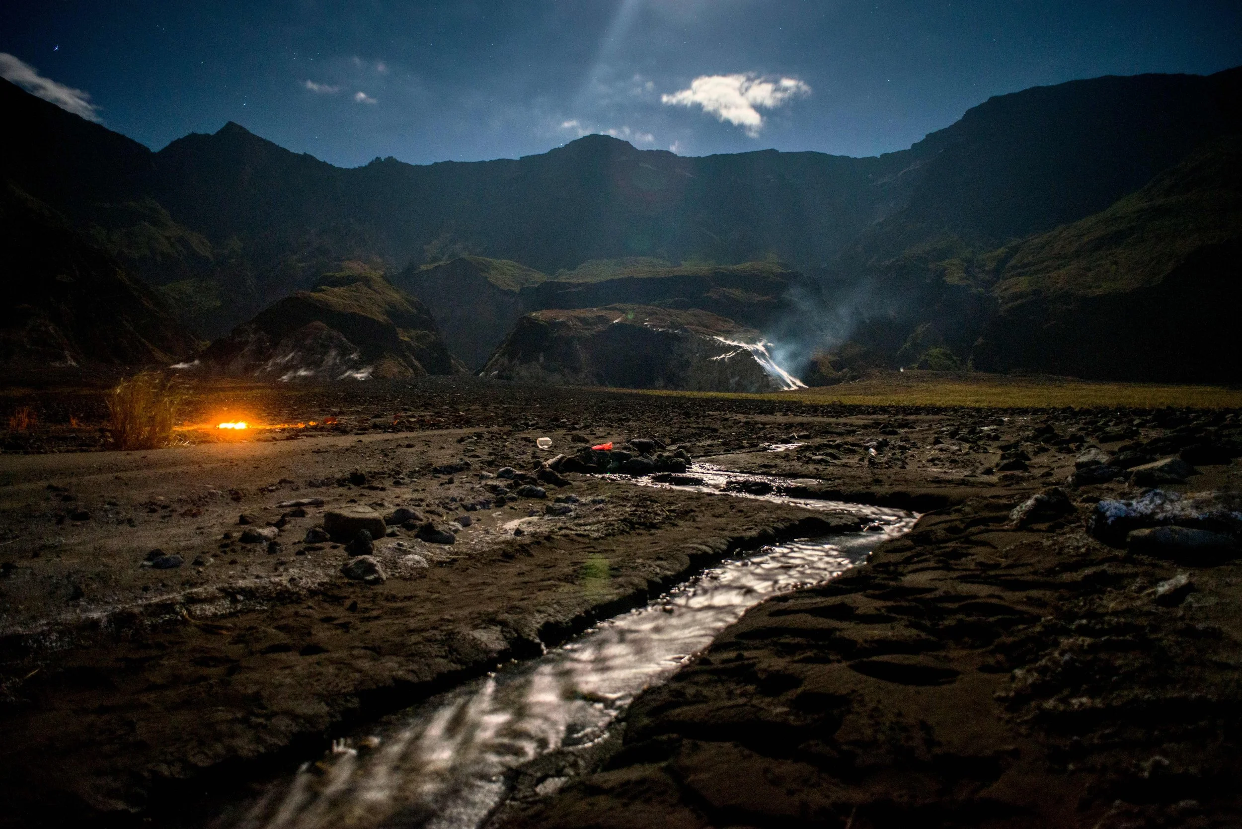Moonlight illuminates the caldera of Mount Tambora, Indonesia.