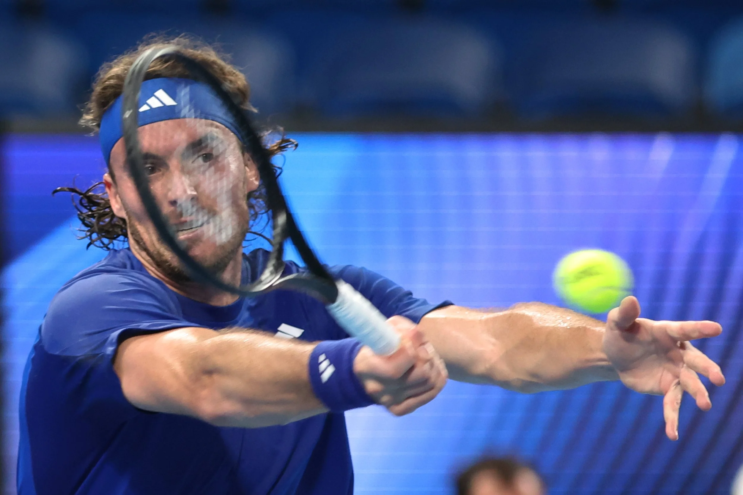 Greece's Stefanos Tsitsipas returns the ball at the United Cup tennis tournament in Perth on January 5, 2026. Agency France-Presse