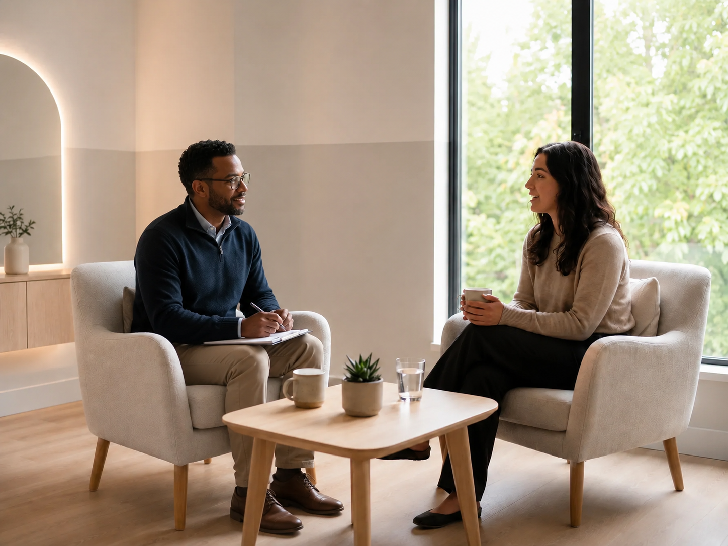 A man and woman engaged in a conversation during a therapy or counseling session in a cozy, well-lit room with large windows showing green trees outside. The man is taking notes, and the woman is holding a mug.