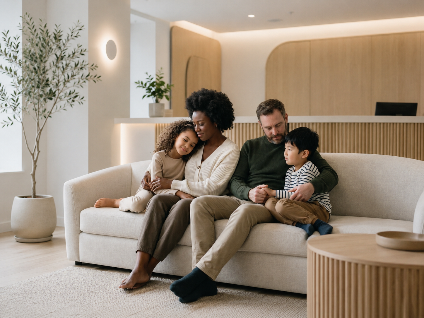 A diverse family sitting on a beige couch in a modern waiting room at Monument Health Counselling in Tsawwassen, South Delta, with the mother and daughter leaning on each other and the father and son sitting close together.