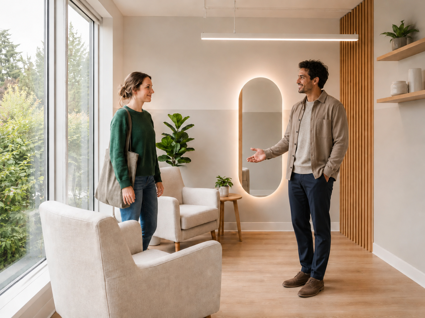 A man and a woman having a conversation in a modern living room with large window, plant, mirror, and minimal decor.