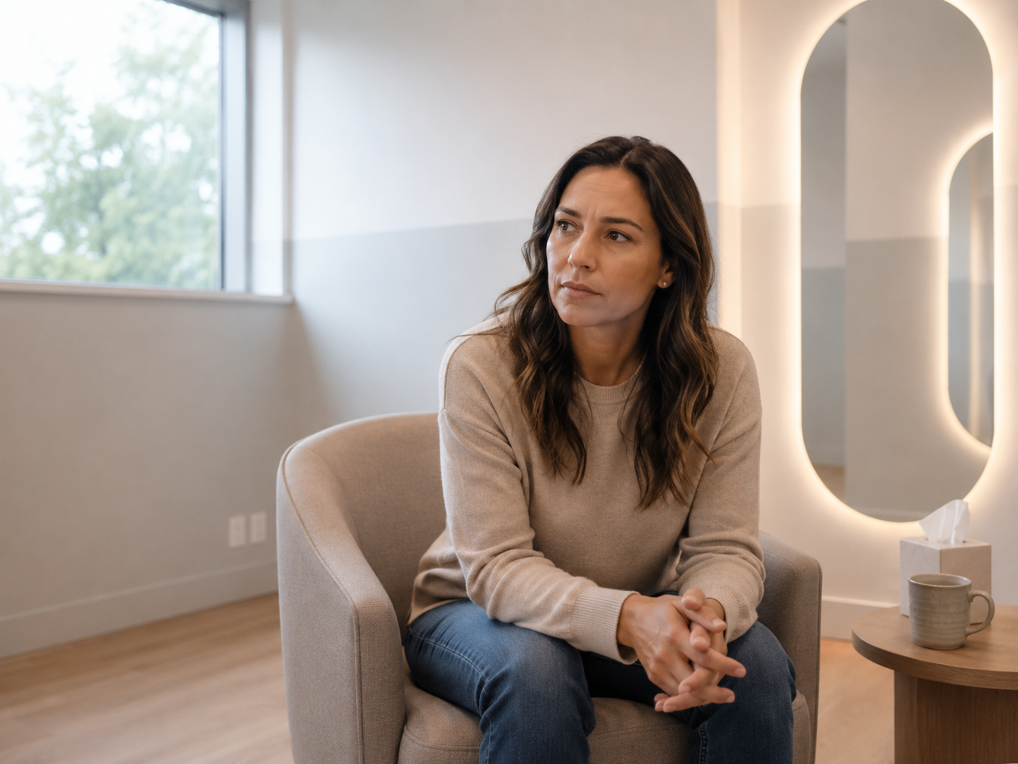 A counselling session at Monument Health Counselling in Tsawwassen, South Delta, with the counsellor listening attentively as the client speaks.
