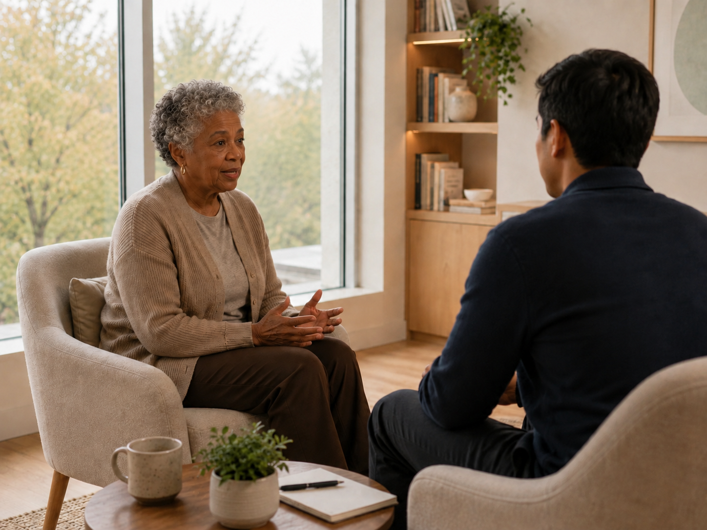 An elderly woman and a young man having a conversation in a cozy, well-lit living room with large windows and a view of trees outside.