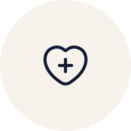 A heart-shaped outline with a medical cross inside it, on a white circular background