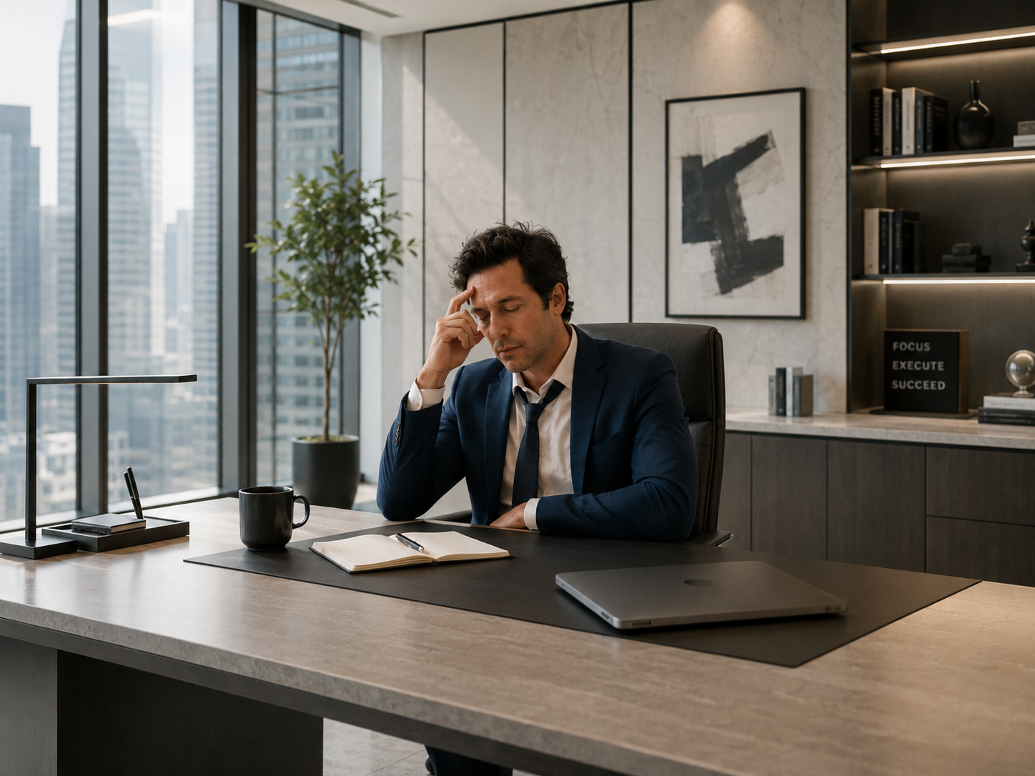 Man in a blue suit adjusting his tie during therapy session with a therapist in a cozy office
