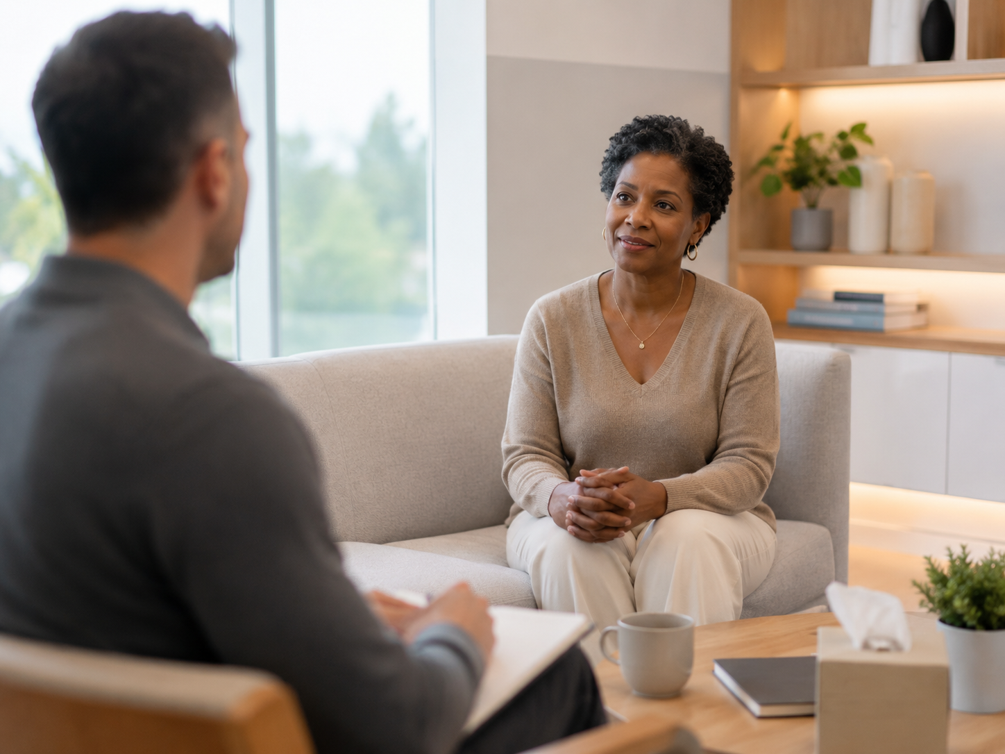 A man and woman having a conversation in a cozy, modern living room.