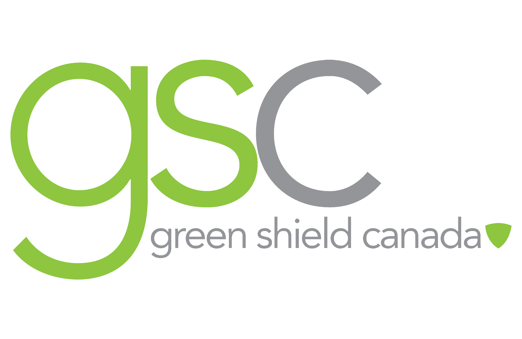 Green Shield Canada logo with the text 'green shield canada' in lowercase, with 'g' and 's' in green and the rest in gray, on a black background.