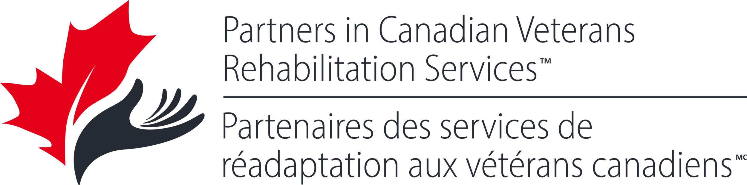 Logo of Partners in Canadian Veterans Rehabilitation Services featuring a red maple leaf, a gray hand, and text in English and French.