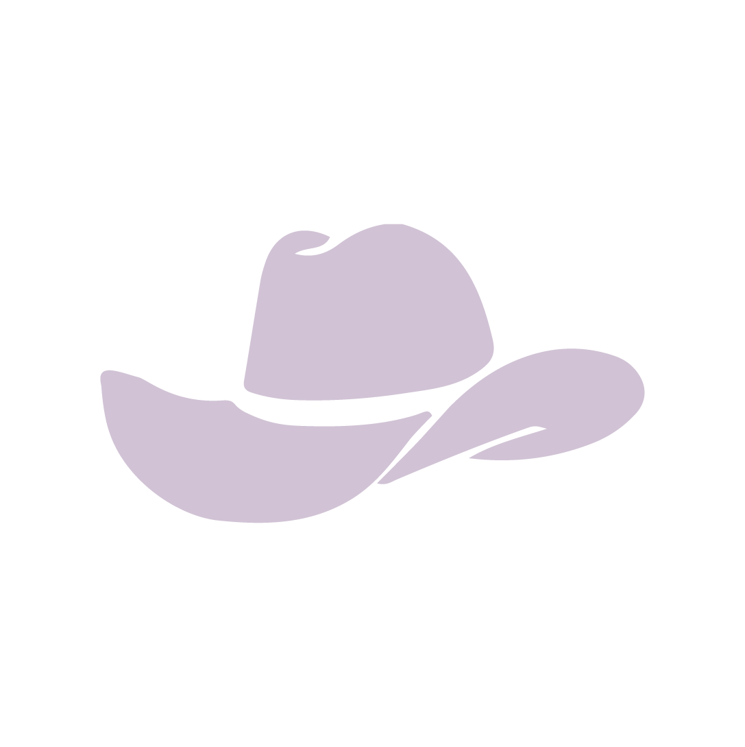 Simple illustration of a cowboy hat with a decorative feather on a black background.