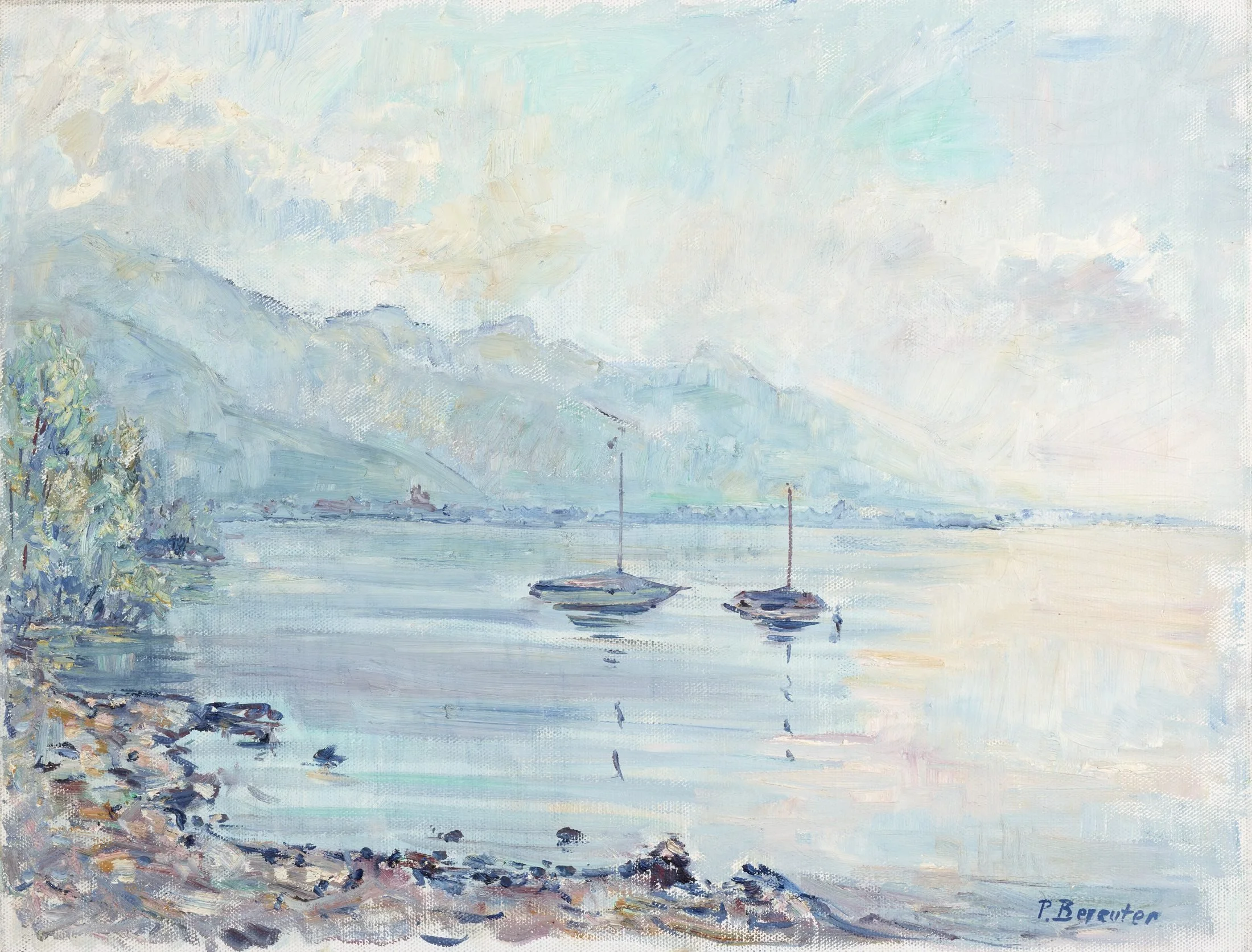 Aquarellmalerei von Paul Bereuter von einem ruhigen See mit Booten und Bergen im Hintergrund, Sonnenlicht reflektiert auf dem Wasser