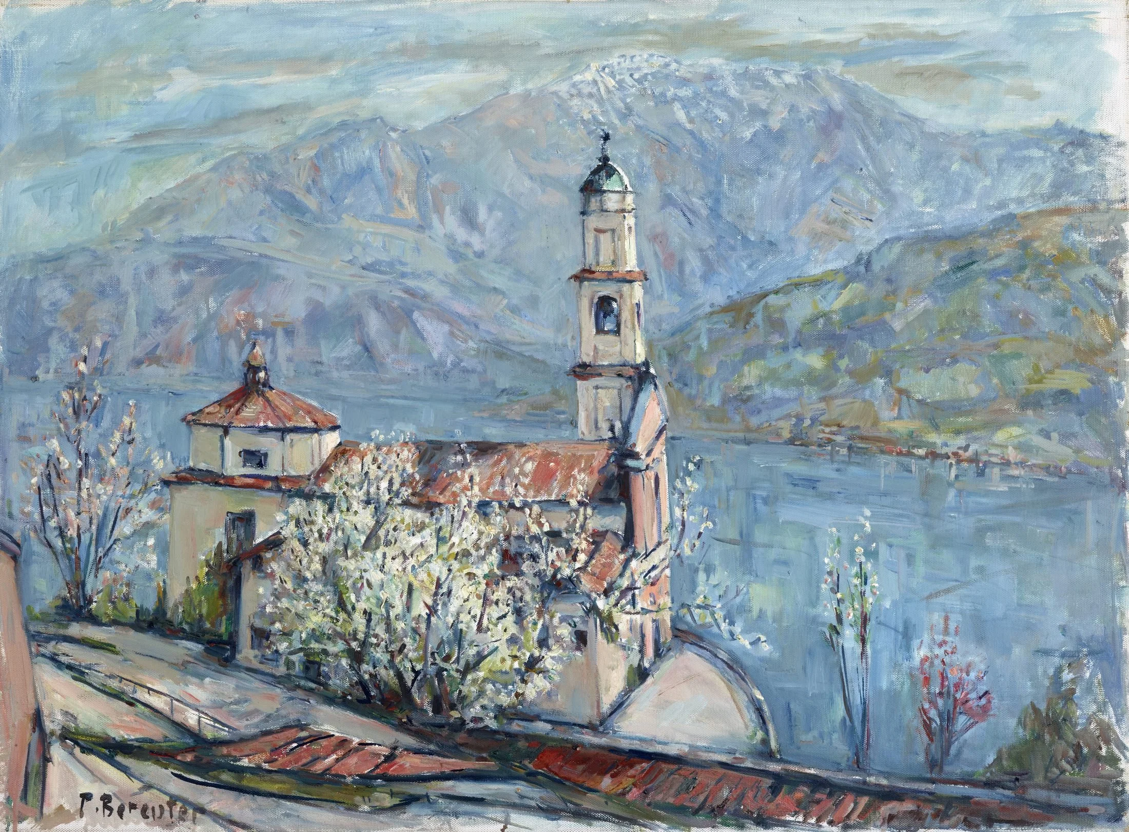 Ein impressionistisches Gemälde von Paul Bereuter einer kleinen tessiner Stadt mit Kirchturm vor einer Bergkette im Hintergrund.
