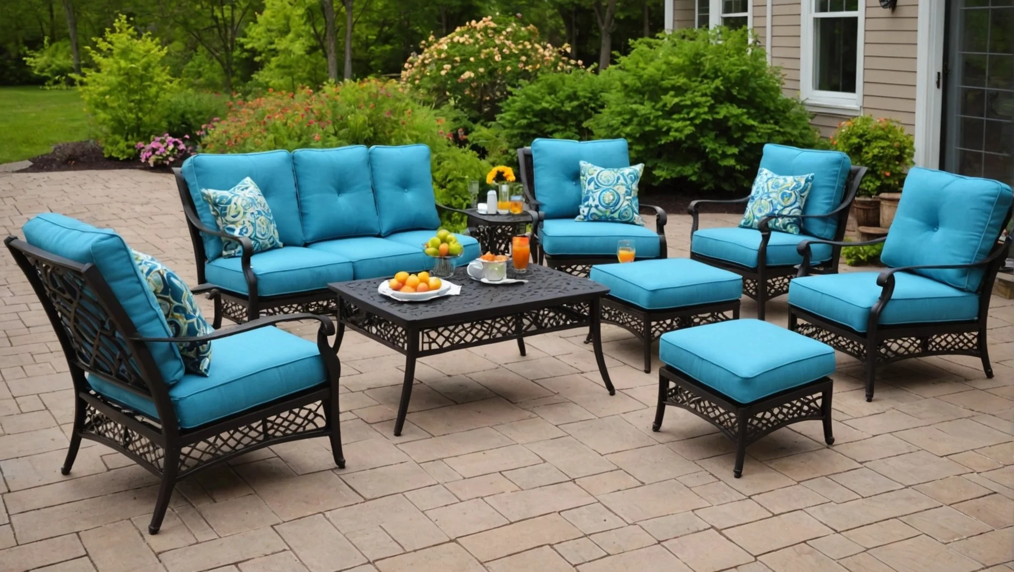 Outdoor patio with blue cushioned metal chairs and matching ottomans arranged around black metal tables, set with drinks, fruit, and flowers, with lush green bushes and trees in the background.