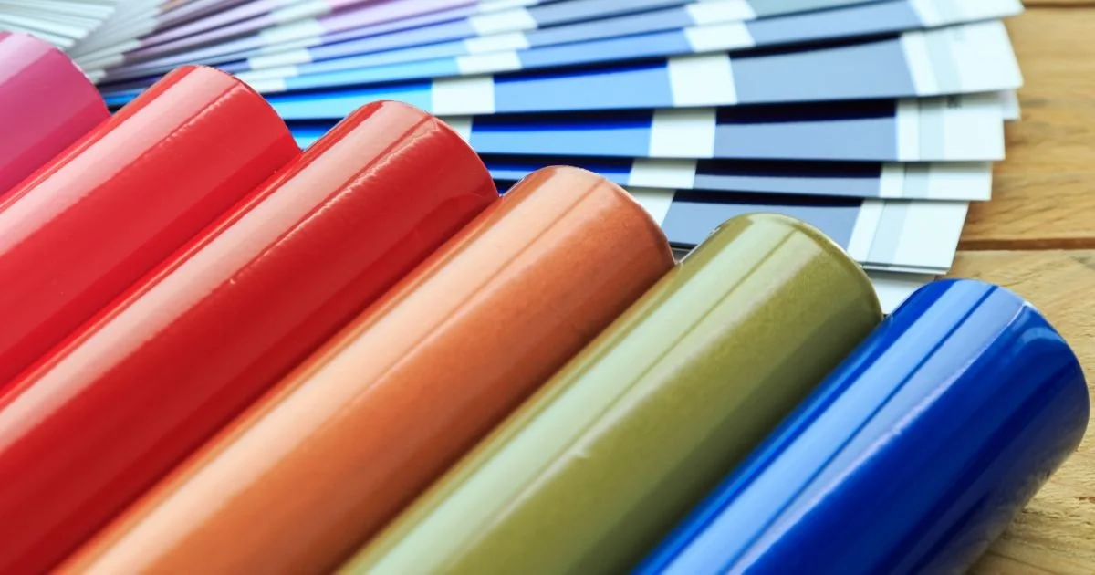 Color swatches and paint samples arranged on a wooden surface.