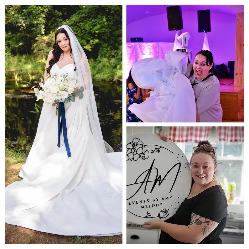 Collage of three photos: a bride in a white wedding dress holding a bouquet outdoors by a pond, a woman holding a bundle of fabric with purple lighting, and a woman holding a sign with event planning business logo.