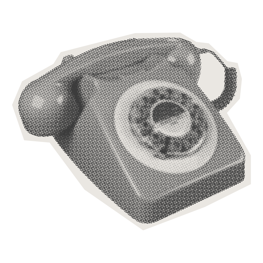 A black and white halftone illustration of a rotary phone handset and the phone's base.