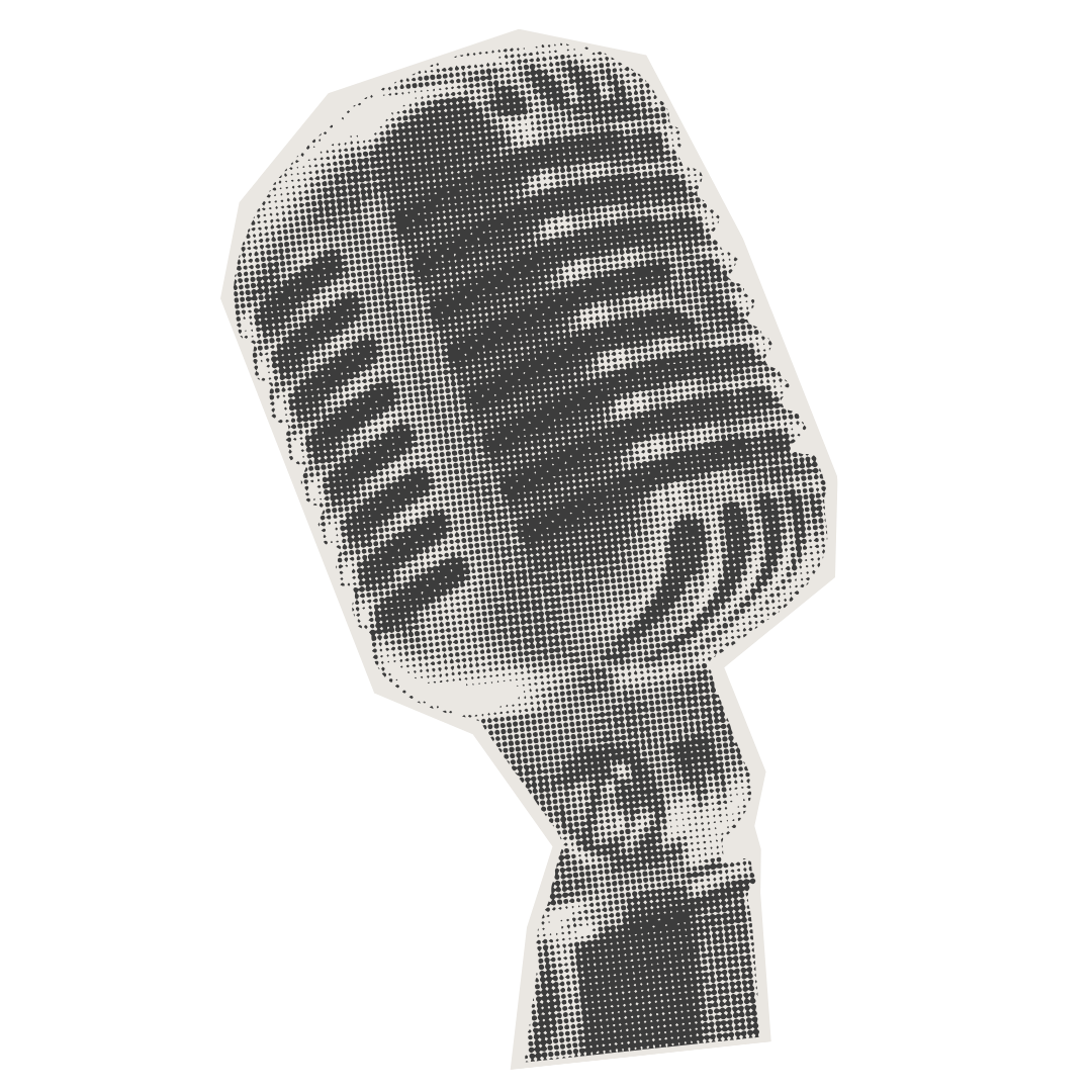 Black and white pixelated image of a vintage microphone.