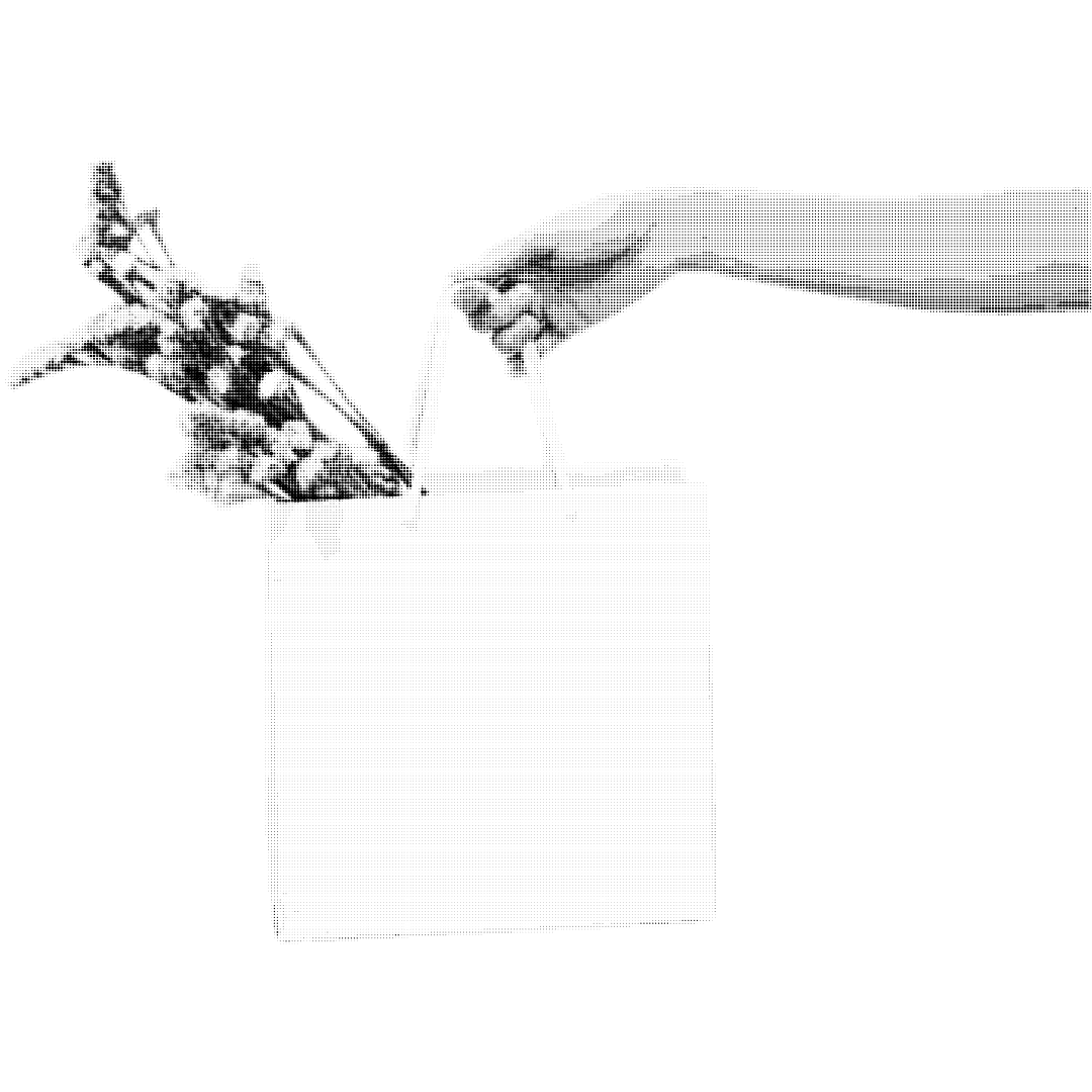 A black and white illustration of a hand dropping a fish into a white shopping bag.