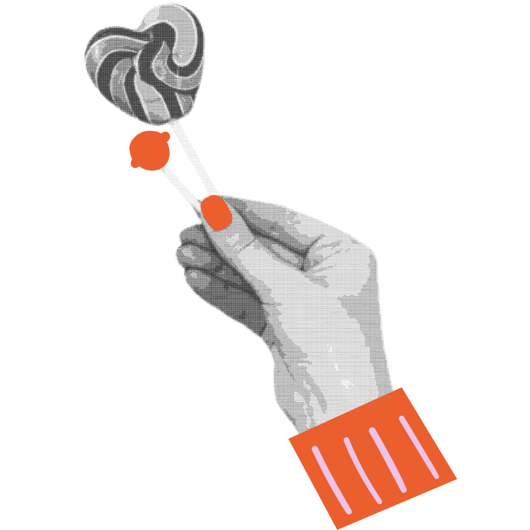 A hand holding a heart-shaped lollipop with a swirl pattern, featuring orange accents on the hand and a black background.
