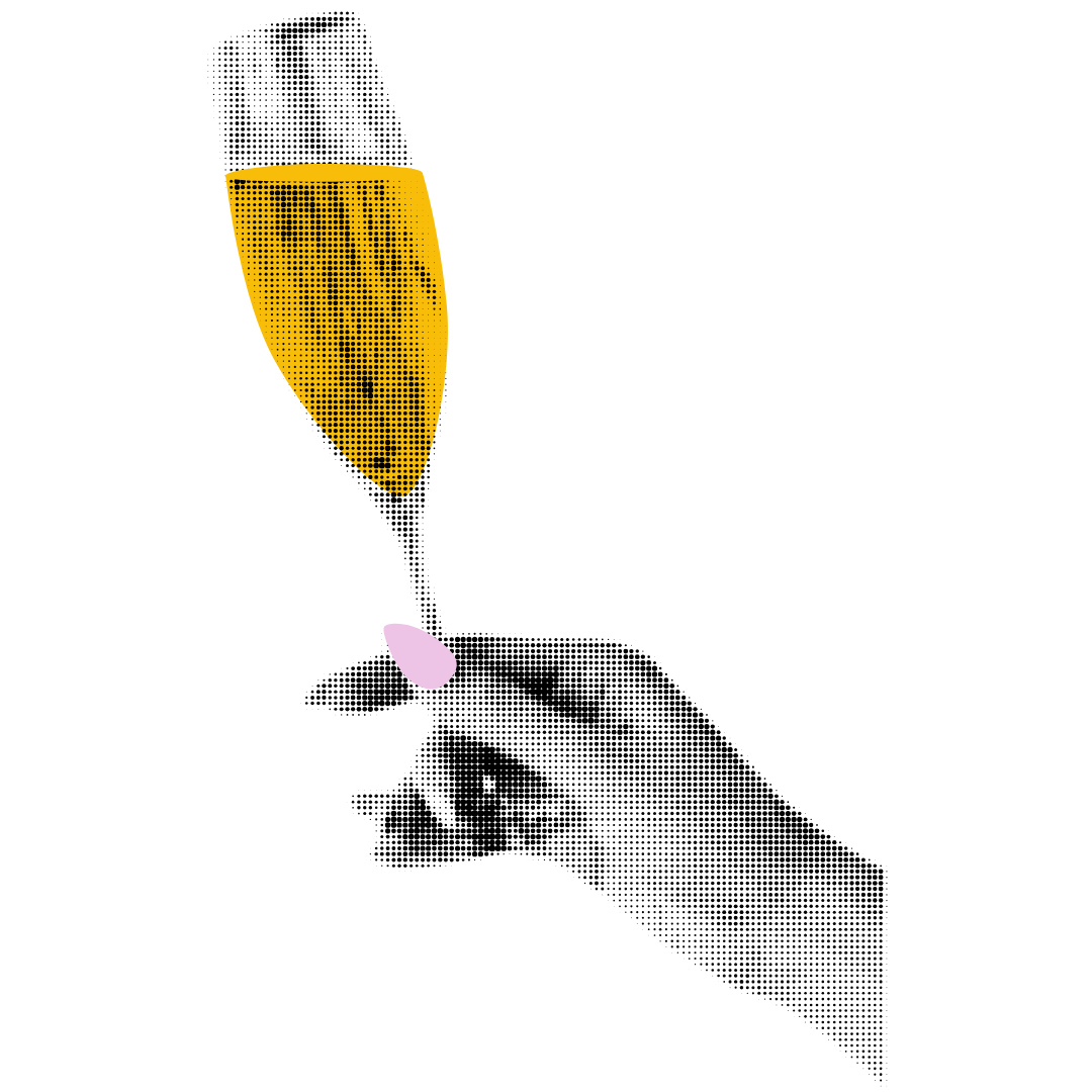 A stylized black and white illustration of a hand holding a champagne glass filled with a yellow beverage with bubbles.