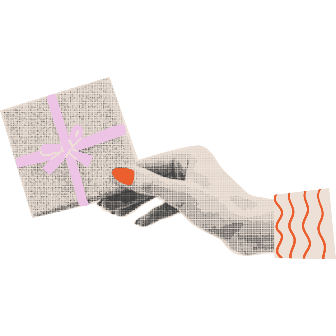 Black and white illustration of a hand with orange nail polish holding a gift card with a purple ribbon, wearing a sleeve with orange wavy lines.