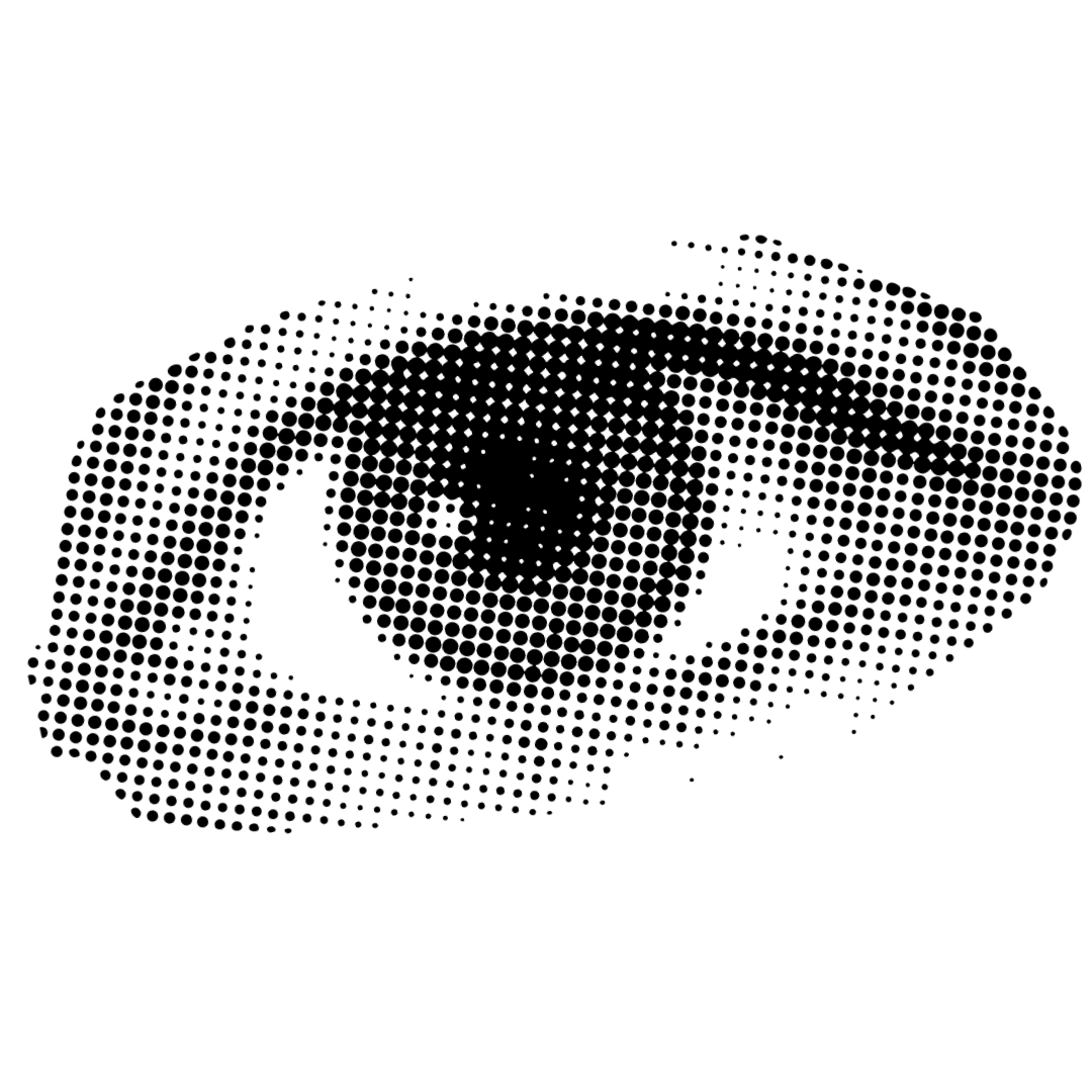 A halftone style illustration of a human eye viewed from above, in black and white.