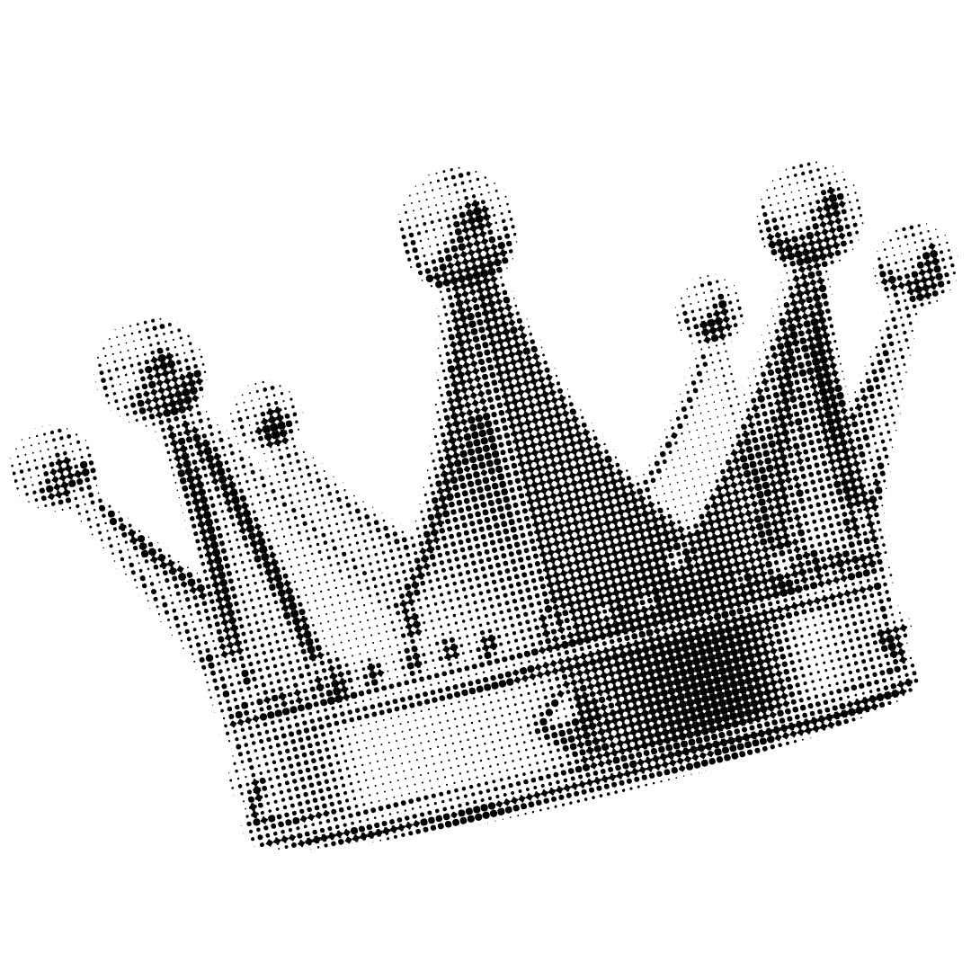 Black and white graphic of a crown with circular points on its tips, rendered in a halftone dot style.