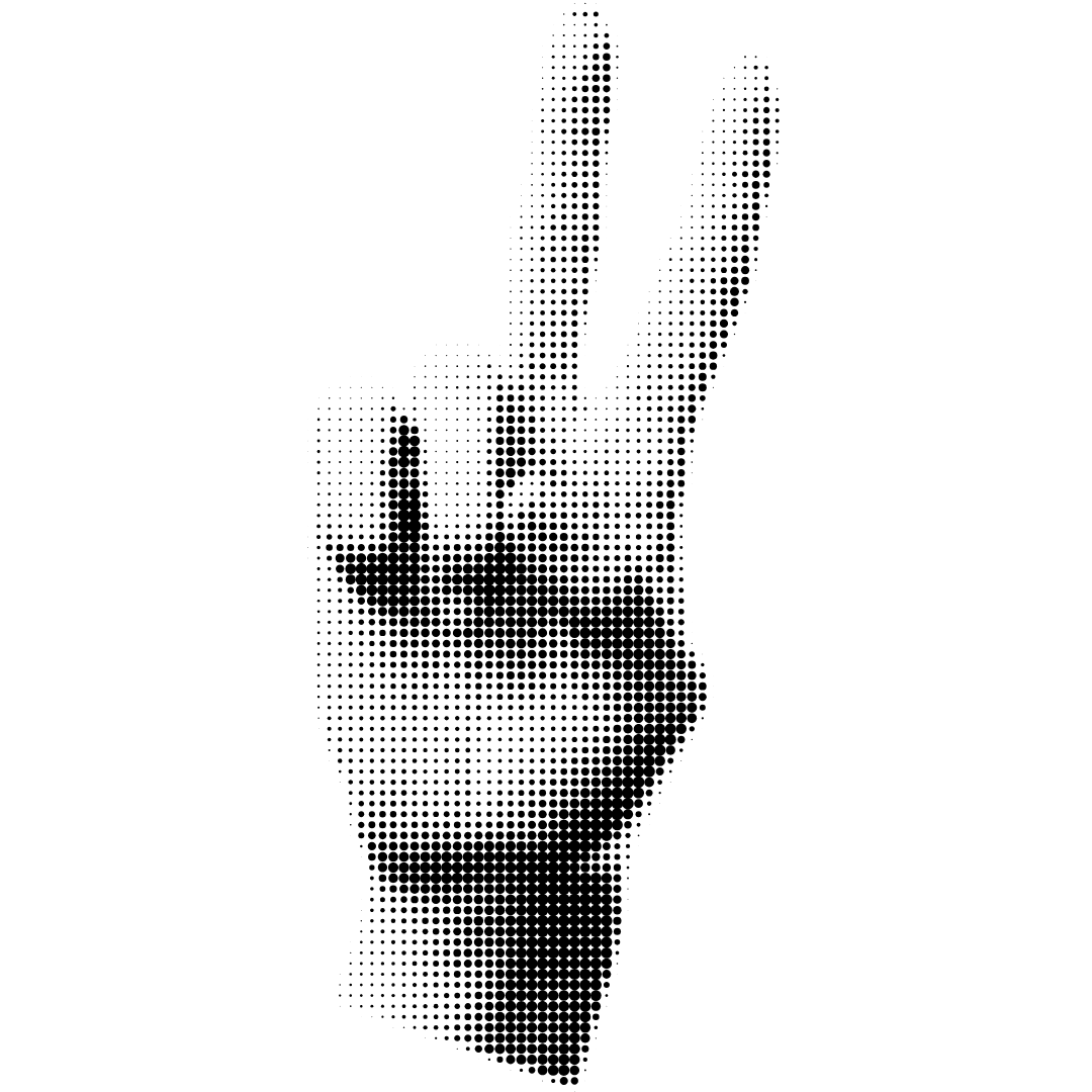 A black and white graphic of a human hand showing the index and middle fingers raised in a V shape, with a dotted halftone pattern for shading.