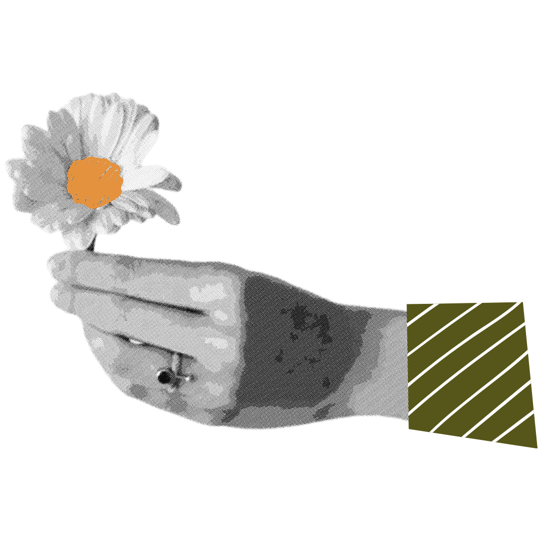 A hand holding a daisy flower with white petals and an orange center against a black background.