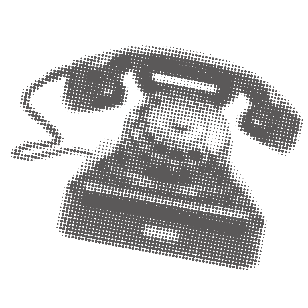 A black and white halftone-style illustration of a vintage telephone with a rotary dial and a separate handset, placed on a base.