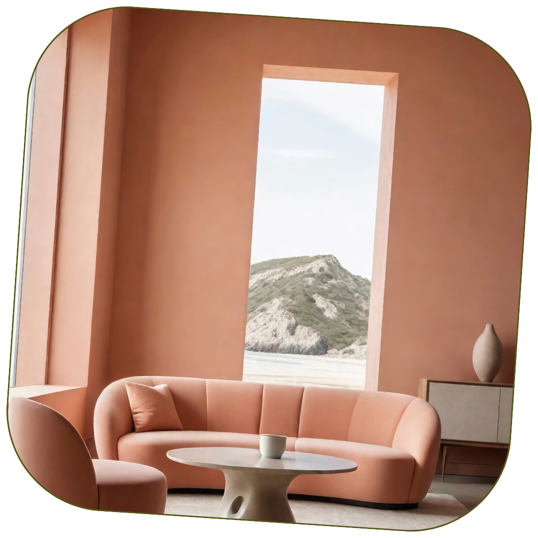 Modern living room with peach-colored sofa, matching armchair, white coffee table, and a white vase on a side table. Large window with a view of a rocky hillside outside.