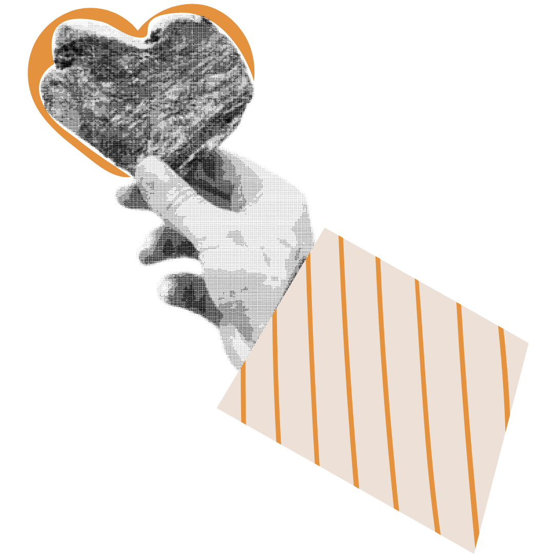A black and white halftone-style image of a hand holding a heart-shaped object with a textured surface. The hand is emerging from a striped cube, and the background is black.