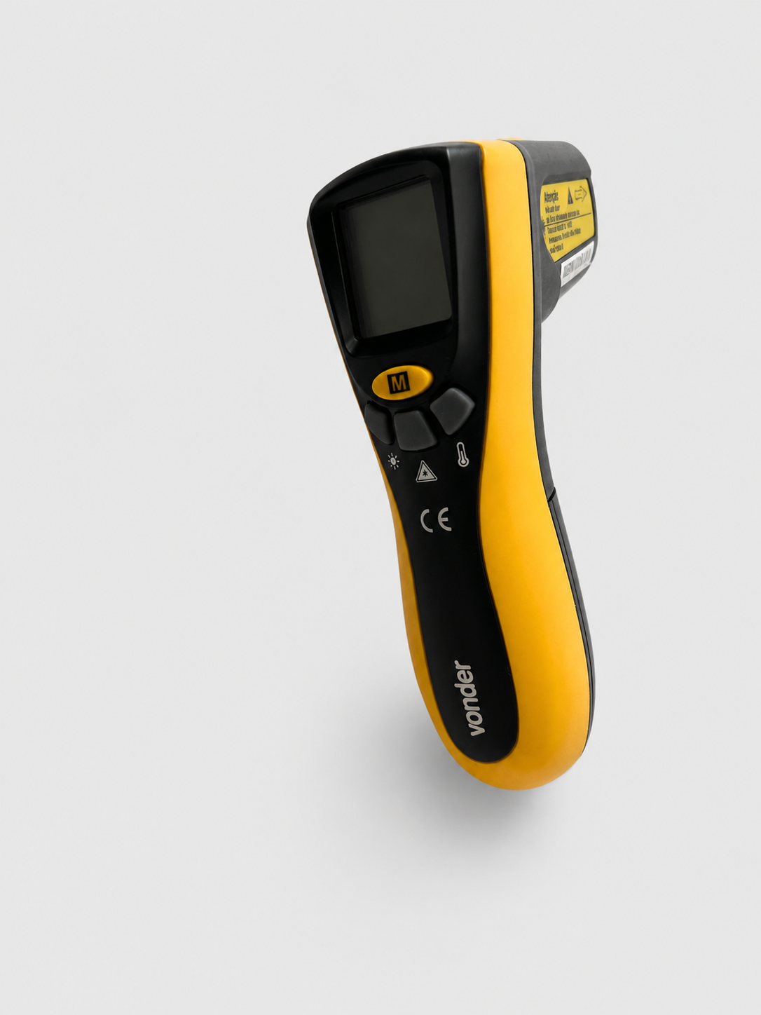 Termômetro de contato preto e amarelo com visor digital e controles, apoiado em fundo branco.