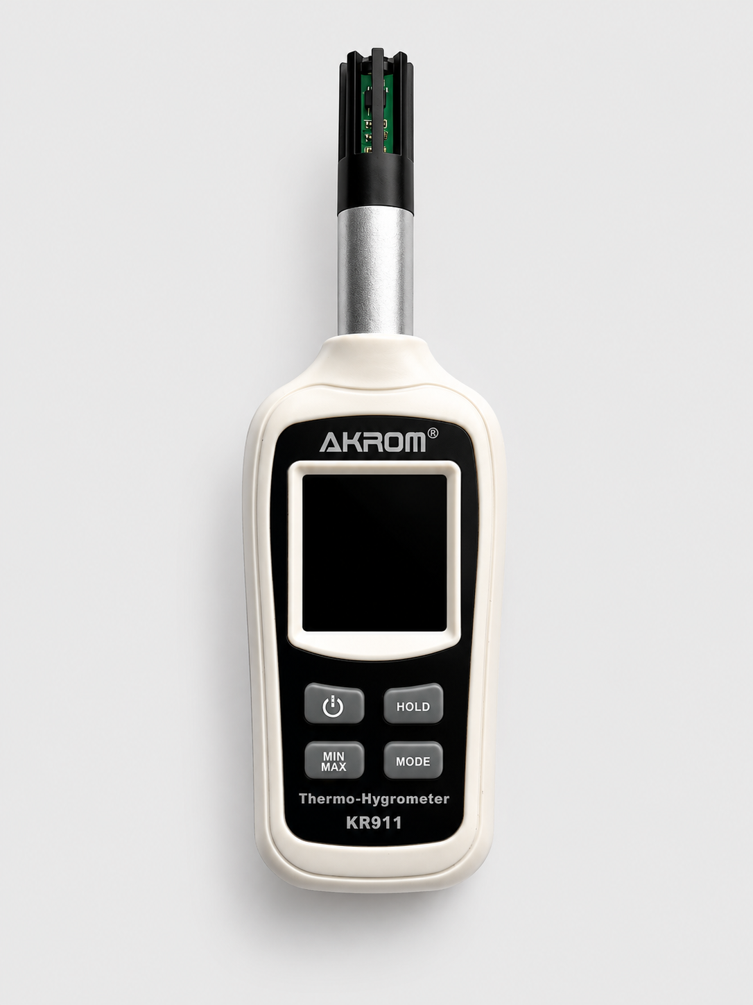 Termômetro digital com display e botões, marca Akrom, modelo KR911.