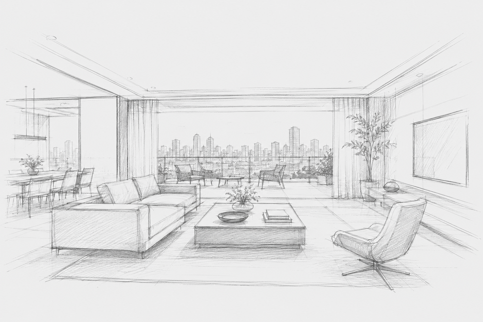 Esboço de uma sala de estar moderna com grandes janelas de vidro, sofá, poltrona, mesa de centro, varanda com vista para o horizonte da cidade, e decoração com plantas.