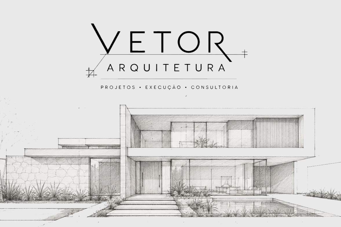 Desenho técnico de um projeto de arquitetura de uma casa moderna, com fachada de linhas retas e janelas amplas, marcos de entrada, jardim na frente e piscina ao lado.
