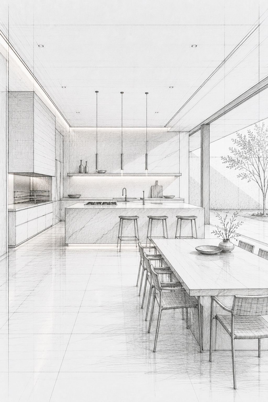 Esboço de uma cozinha moderna com ilha central, mesa de jantar com cadeiras, área com janelas grandes, decoração minimalista e alguns utensílios na bancada.