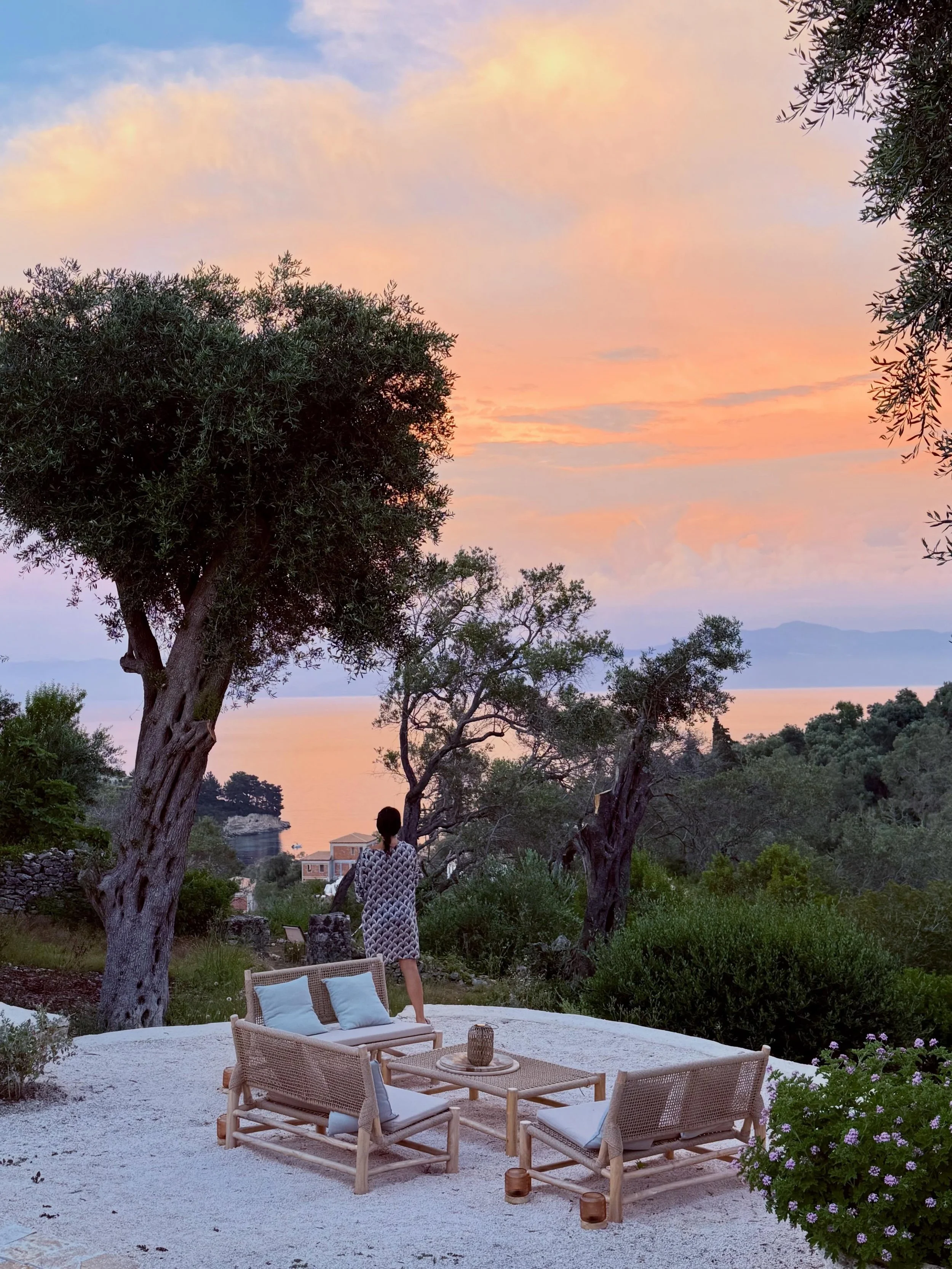 Spectacular evening light seen from Anemone House. The sea a beautiful golden pink colour. #paxos