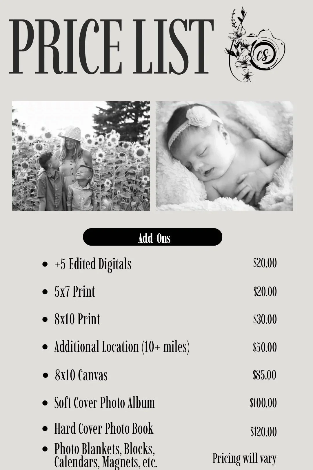 A black-and-white price list flyer with floral and camera graphics. Features images of children and a baby, with prices for various photo printing and album options.