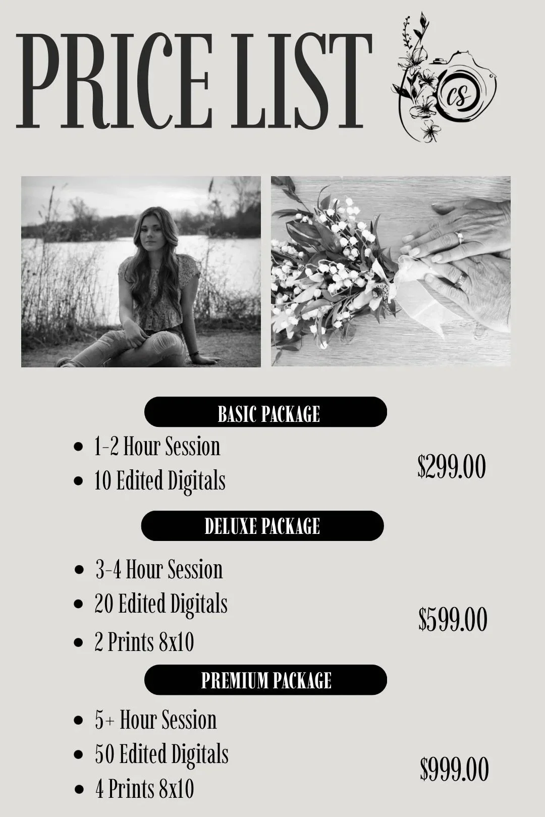 A flyer with a photo of a young woman sitting near a body of water, a bouquet of flowers, and pricing options for photography packages, including Basic, Deluxe, and Premium.