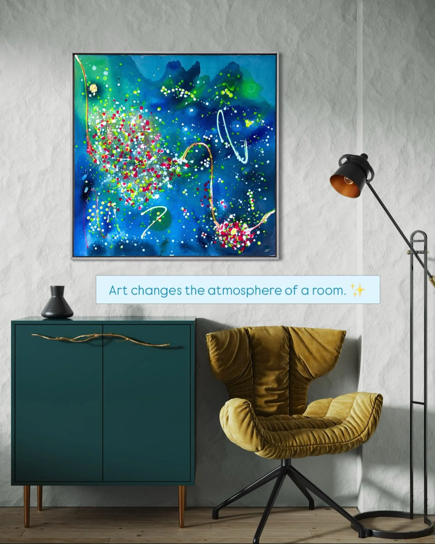 Frequency explores the space between movement and stillness.

Built through layers of deep blues, vibrant accents and intuitive marks, the painting creates a sense of energy that keeps unfolding the longer you look.

Designed to bring color, depth an