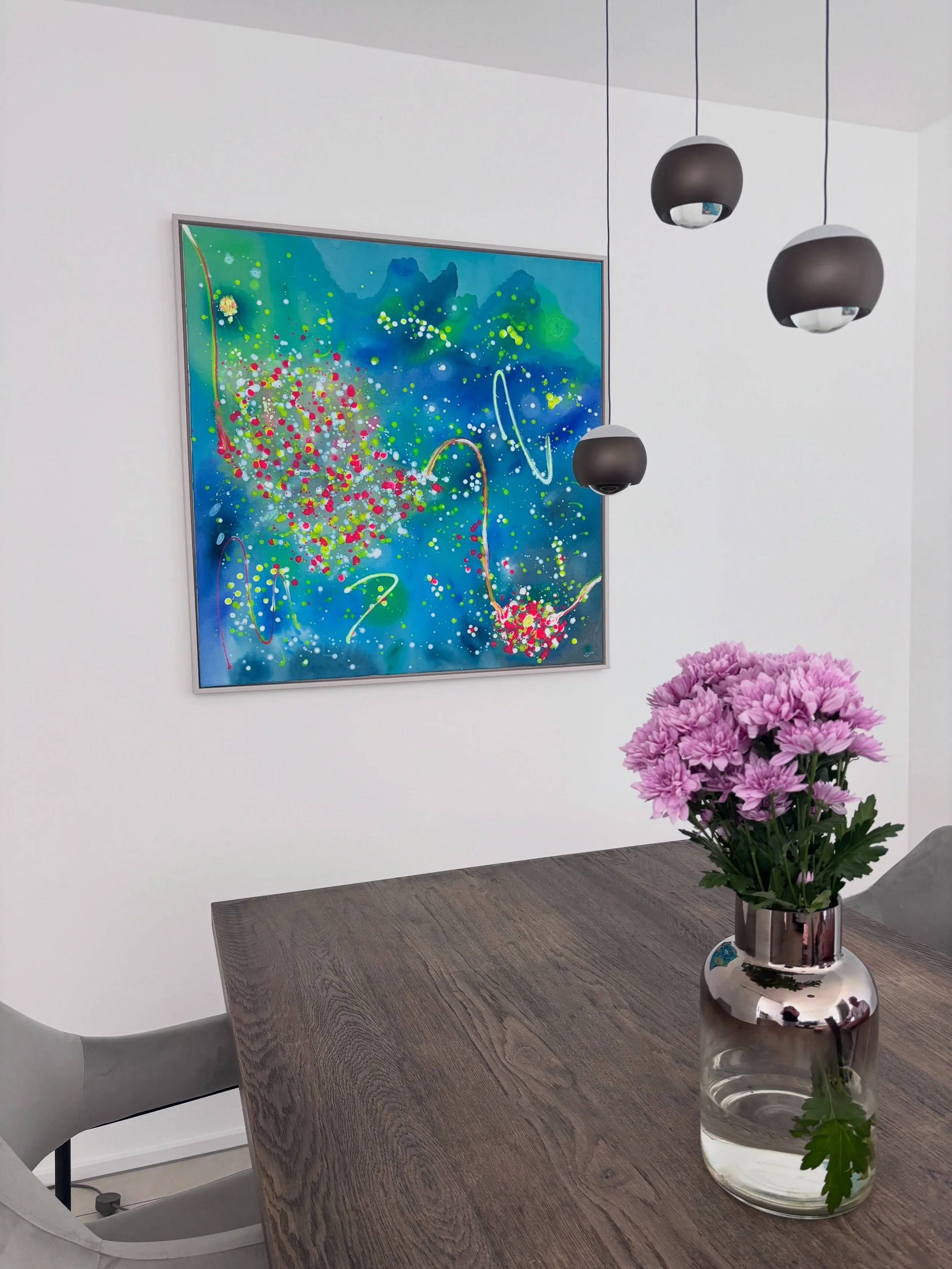 Frequency in its new home.

I always enjoy seeing a painting outside the studio.

The interaction between color, light and space is where the work really comes alive. In this setting, the blues bring calm and depth, while the bright accents add energ