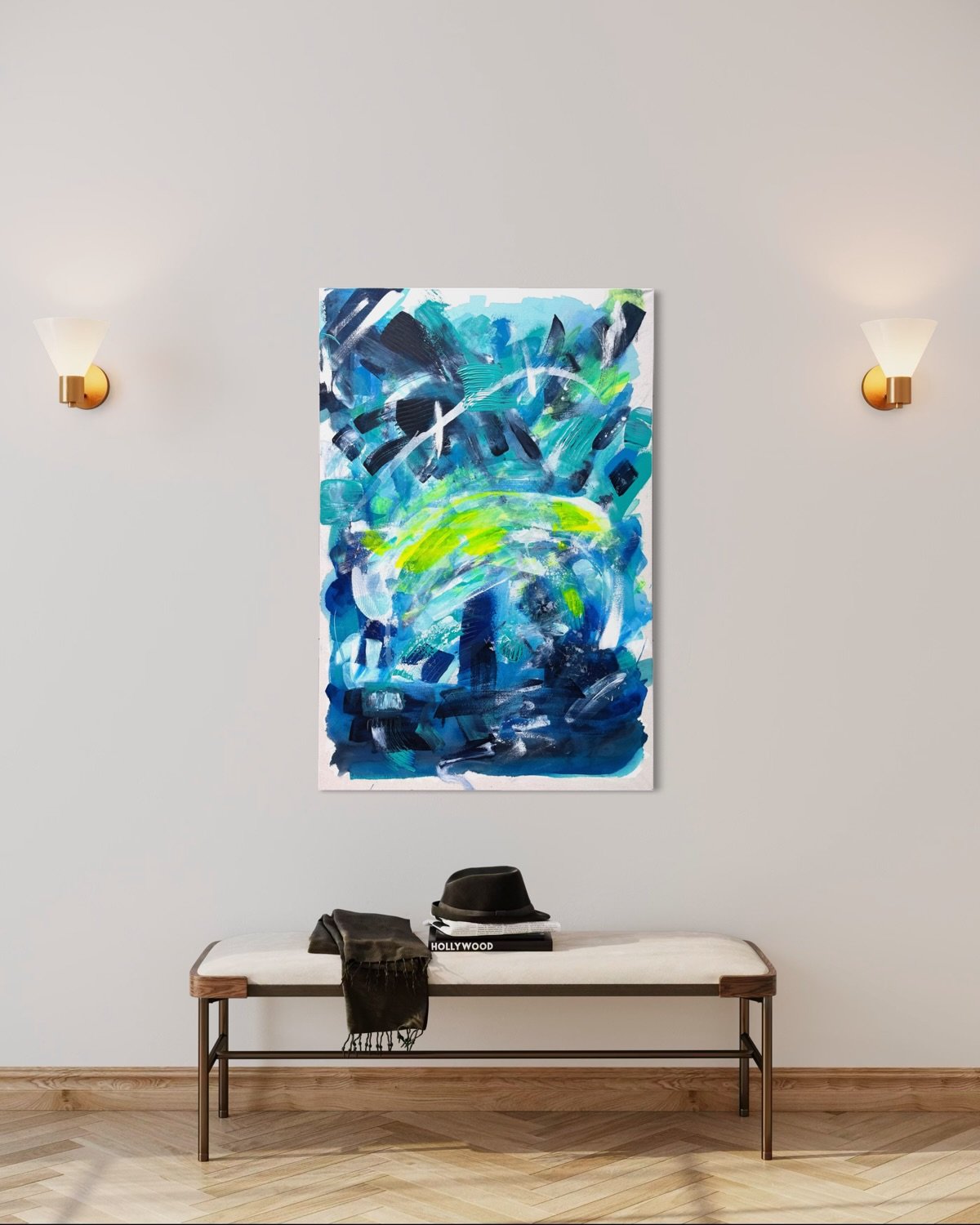 Blue Shift explores the moment when movement becomes visible.

Layers of deep blues, turquoise tones and electric green create a sense of energy that feels both structured and spontaneous. Up close, textures and marks reveal themselves. From a distan