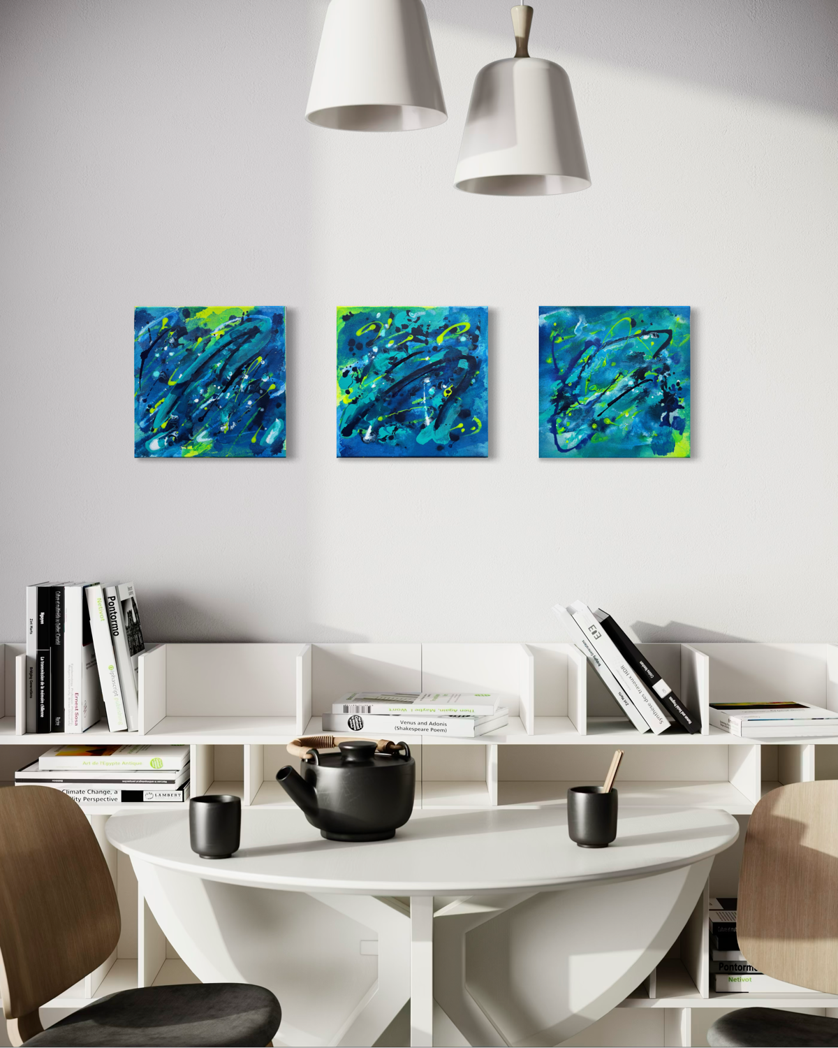 Blue Lime I-III: Small Abstract Paintings with Strong Energy