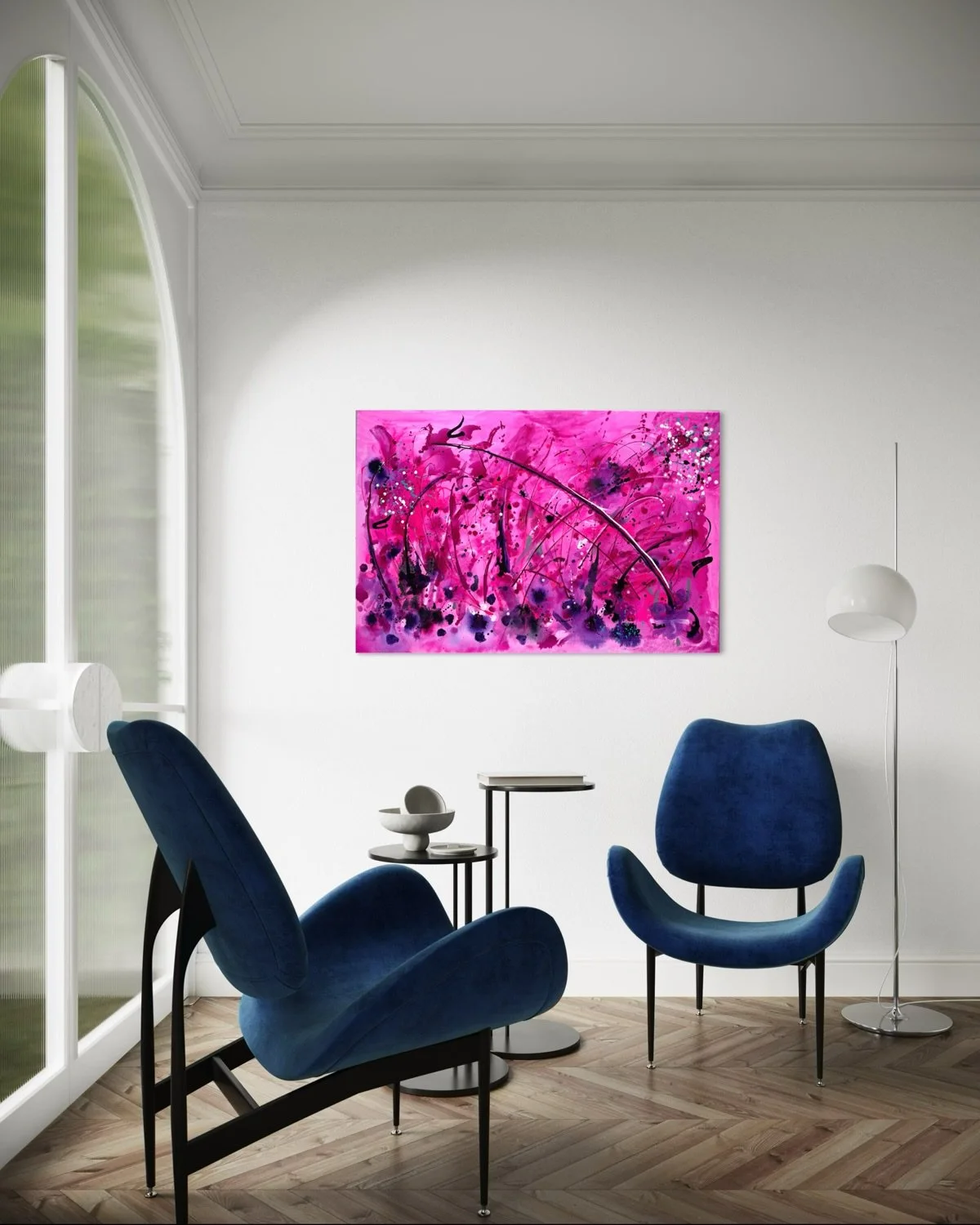 Can a painting change the entire energy of a room? 🩷💜 &bdquo;Pink Wilderness&ldquo; styled in different spaces. Swipe to see the hidden turquoise details close up!

#interiordesign #statementpiece #artcollector #pinkart #abstractart